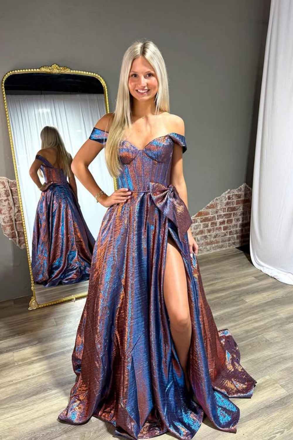 Sparkly Blue Metallic Off Shoulder Corset A-Line Prom Dress