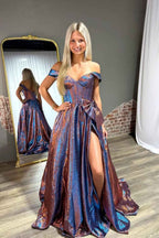 Sparkly Blue Metallic Off Shoulder Corset A-Line Prom Dress