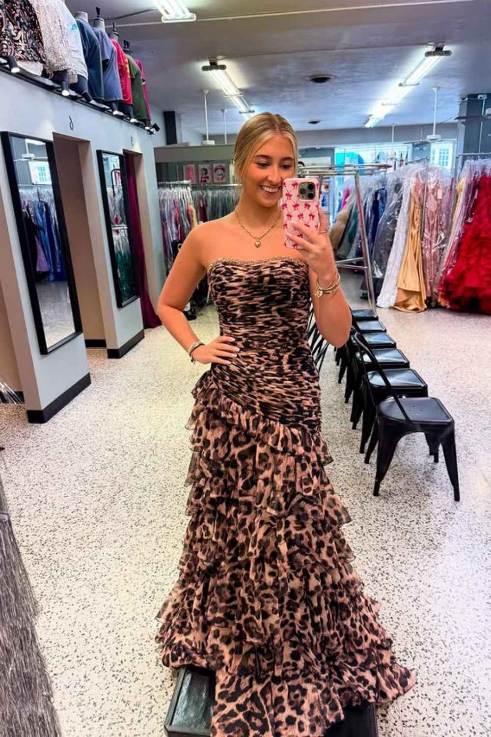 Sparkly Brown Leopard Beaded Strapless Tiered Prom Dress