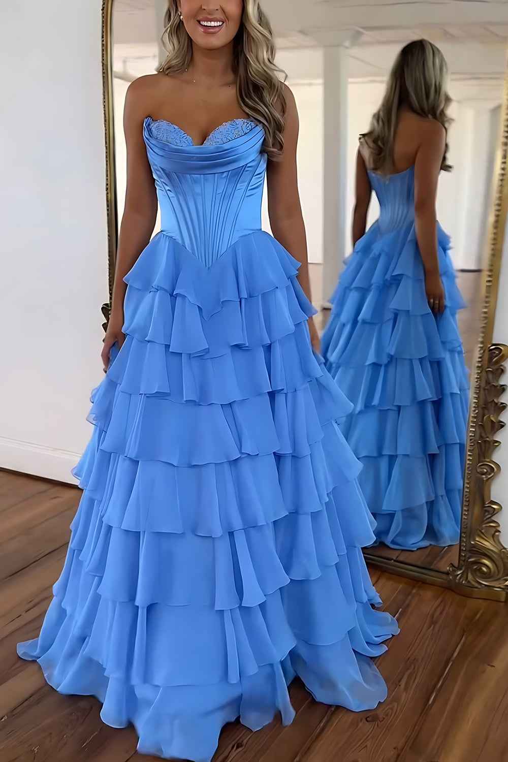 Blue Sweetheart Ruffled Long Corset Prom Dress With Slit