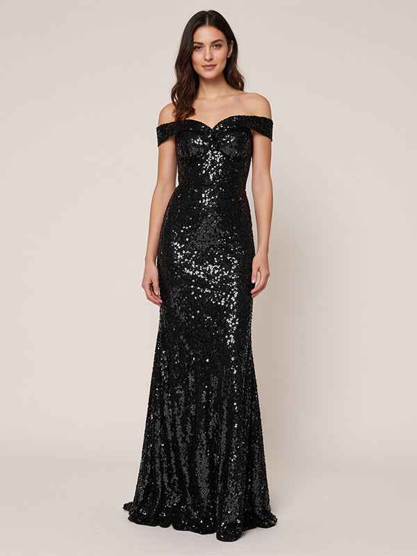 Black Sequin Off Shoulder Mermaid Evening Gown For Formal Events