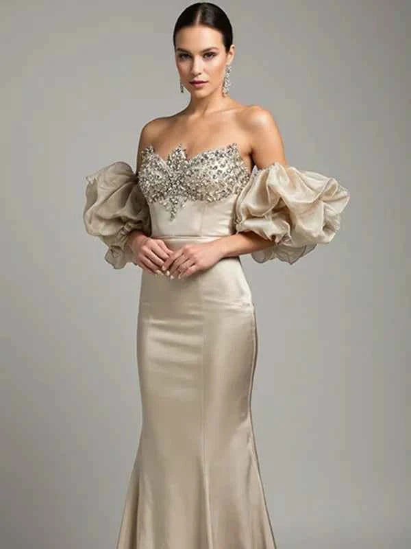 Champagne Off Shoulder Beaded Puff Sleeves Mermaid Floor Length Evening Gown