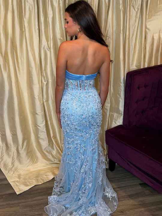 Blue Mermaid Strapless Lace Applique Long Prom Dress With Bow