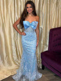 Blue Mermaid Strapless Lace Applique Long Prom Dress With Bow