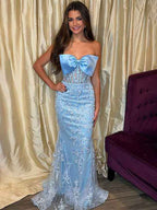 Blue Mermaid Strapless Lace Applique Long Prom Dress With Bow