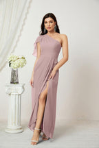Abito da Sera Formale A-line con Spalla Singola e Balze in Chiffon, Spacco Laterale, per Damigelle, Modello 2809
