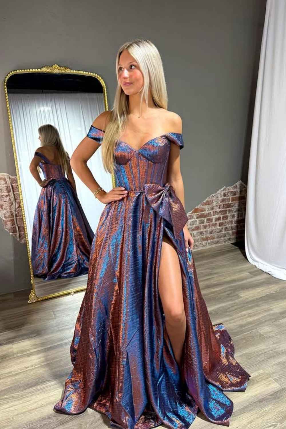 Sparkly Blue Metallic Off Shoulder Corset A-Line Prom Dress