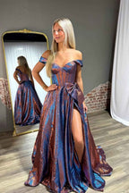 Sparkly Blue Metallic Off Shoulder Corset A-Line Prom Dress
