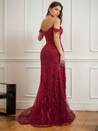 Red Off The Shoulder Beaded Tulle Long Prom Dress