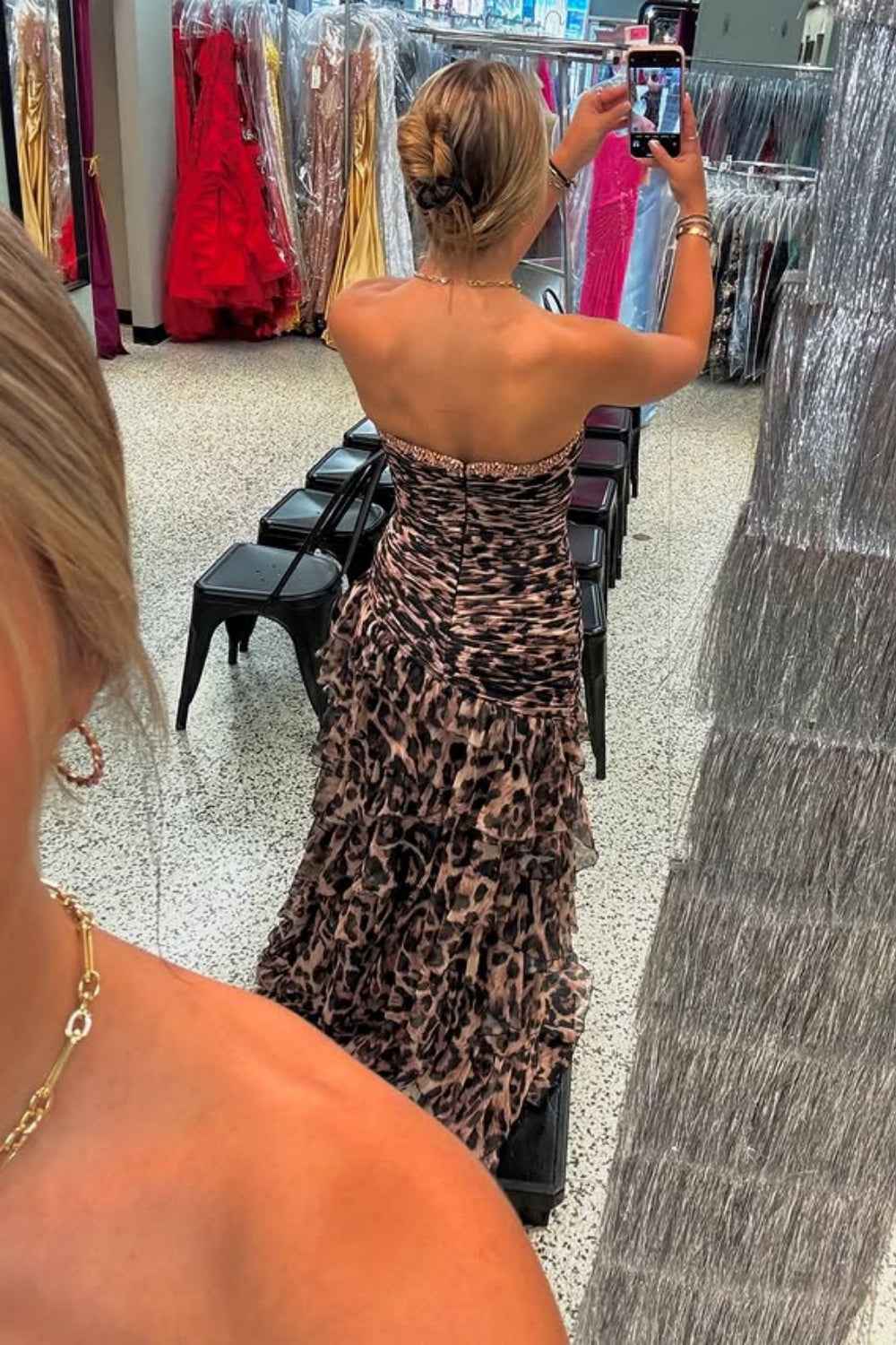 Sparkly Brown Leopard Beaded Strapless Tiered Prom Dress