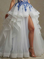 Ball Gown Prom Dress With V Neck Off The Shoulder Sweep Train Tulle