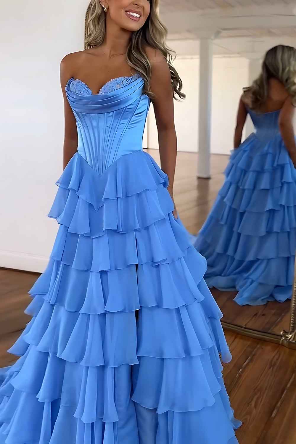 Blue Sweetheart Ruffled Long Corset Prom Dress With Slit