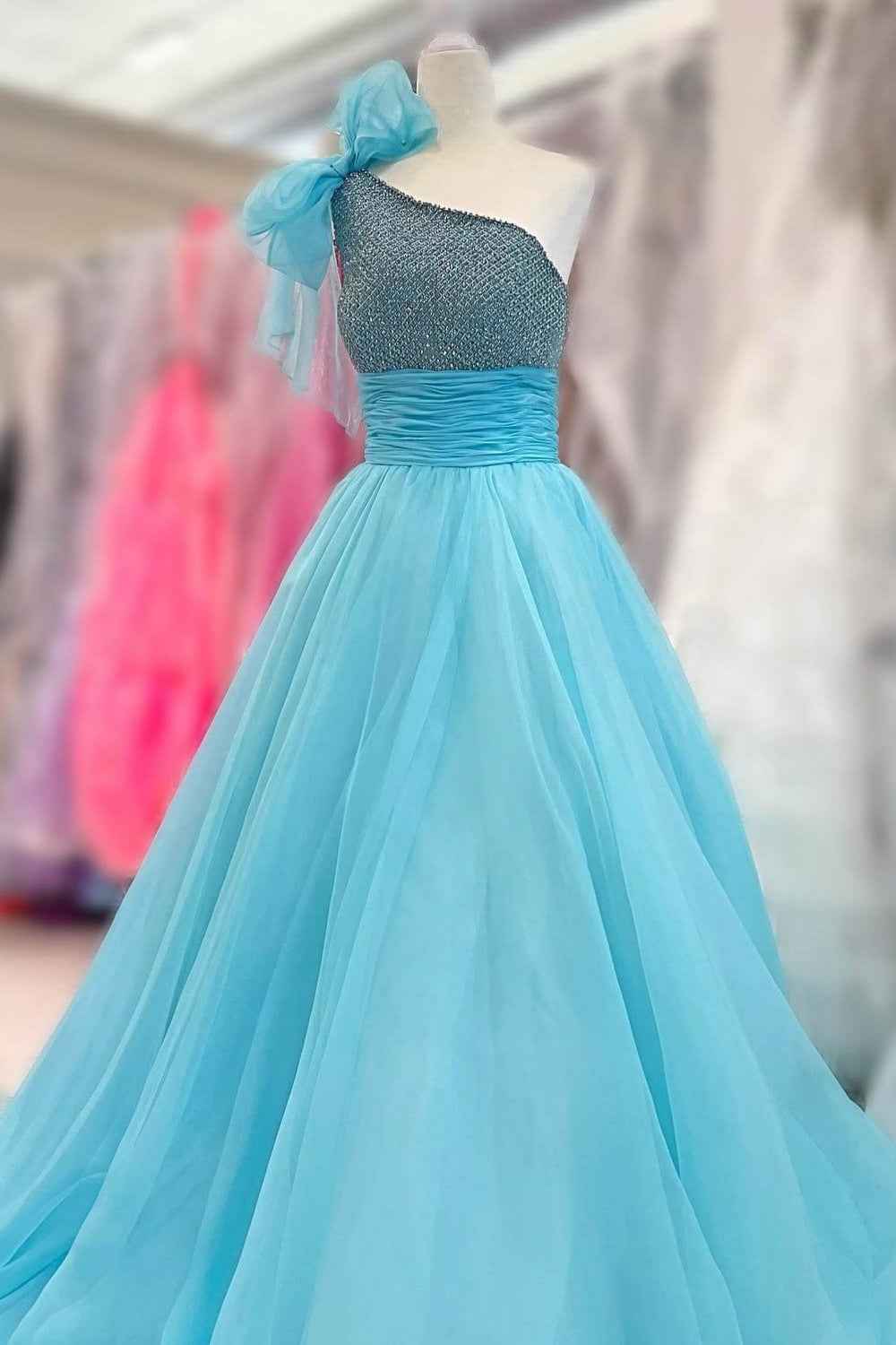 Sparkly Sky Blue One Shoulder A Line Prom Dress With Beaded Ruching