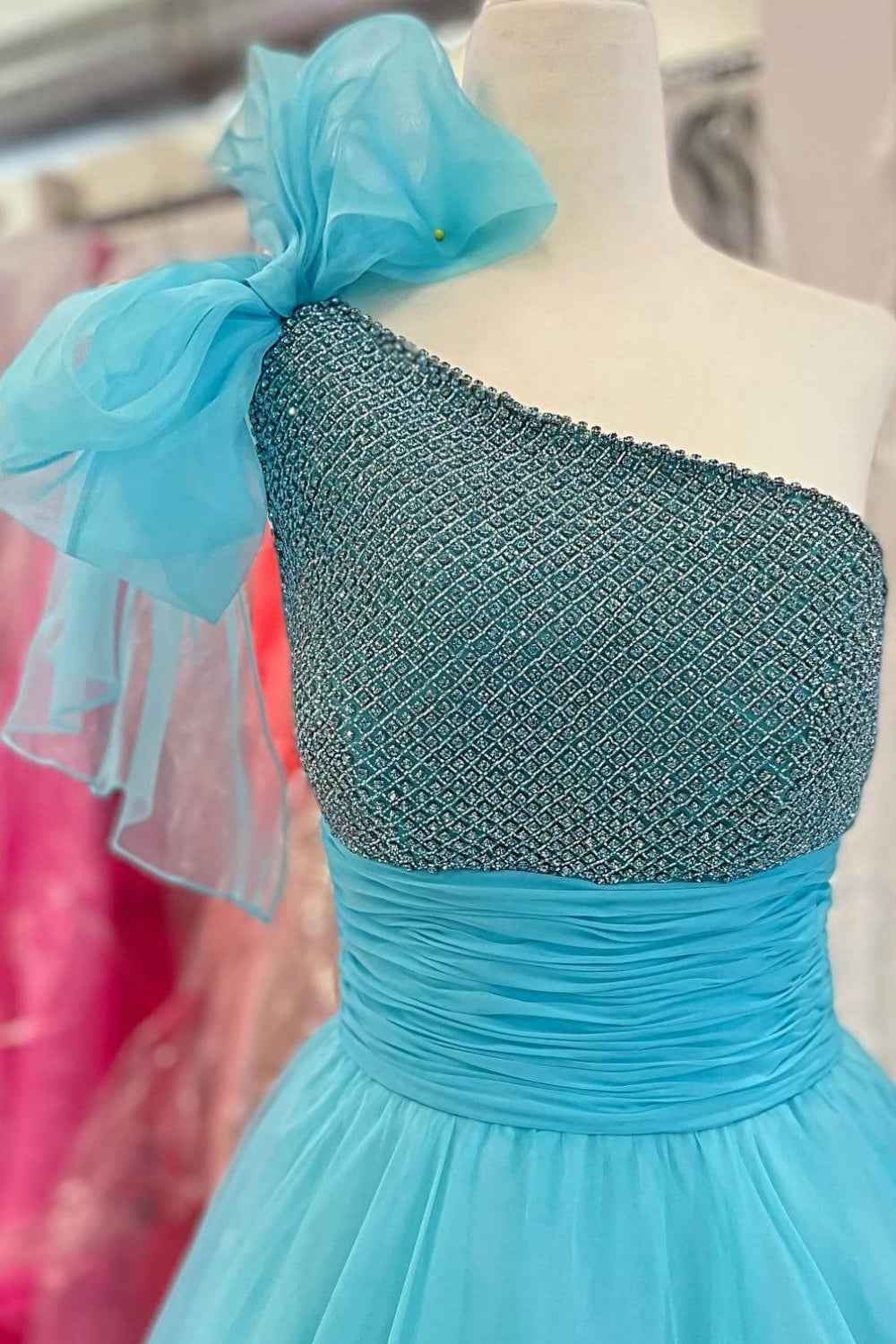 Sparkly Sky Blue One Shoulder A Line Prom Dress With Beaded Ruching