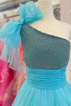 Sparkly Sky Blue One Shoulder A Line Prom Dress With Beaded Ruching
