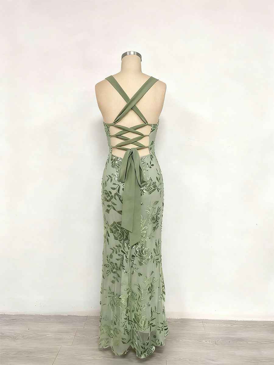 Lavender Sequin Floral Square Neck Prom Dress With Wide Straps