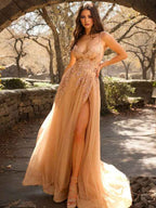 Gold A Line Spaghetti Straps Prom Dress With Applique And Slit