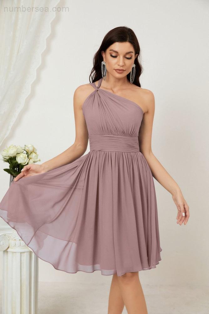 Numbersea Damen Chiffon Kurzes Ein-Schulter Brautjungfernkleid Festliche Kleider für Feier Heimkehr 2804