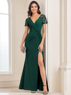 Floor Length V Neck Column Dress With Slit For Mothers Of The Bride And Groom