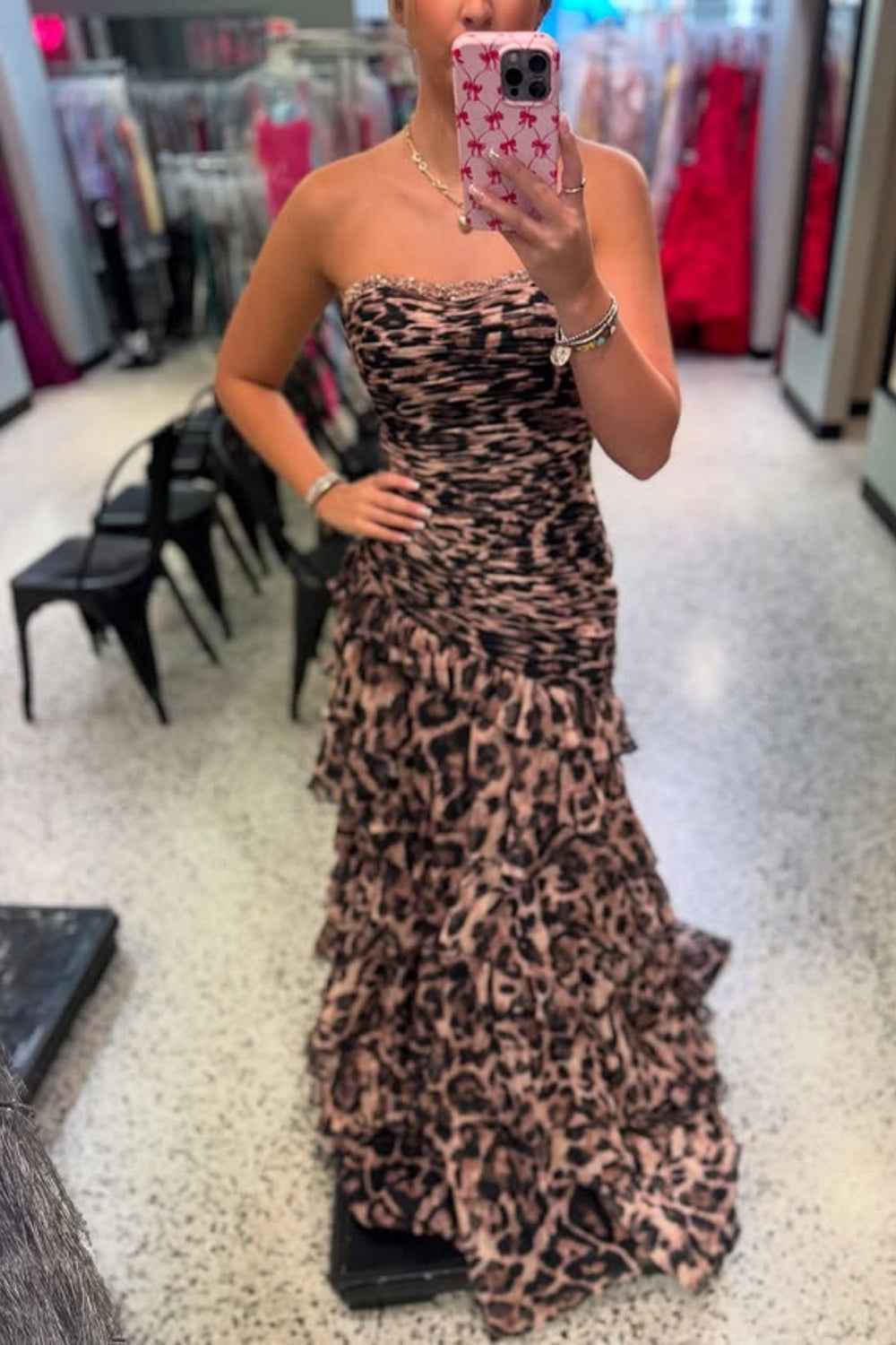 Sparkly Brown Leopard Beaded Strapless Tiered Prom Dress
