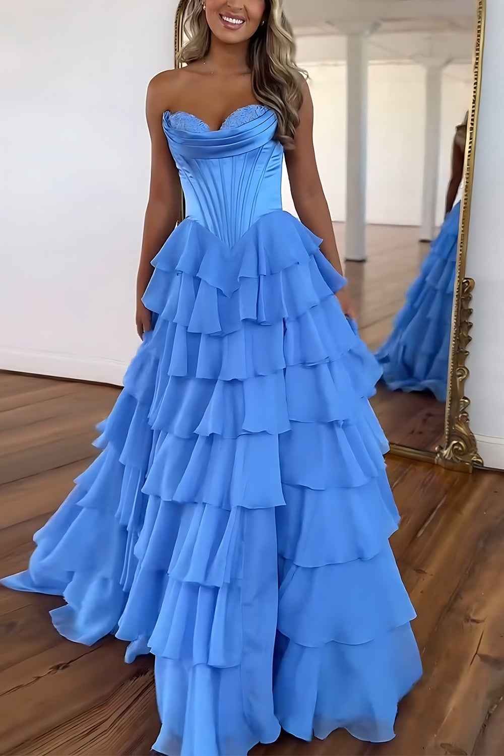 Blue Sweetheart Ruffled Long Corset Prom Dress With Slit