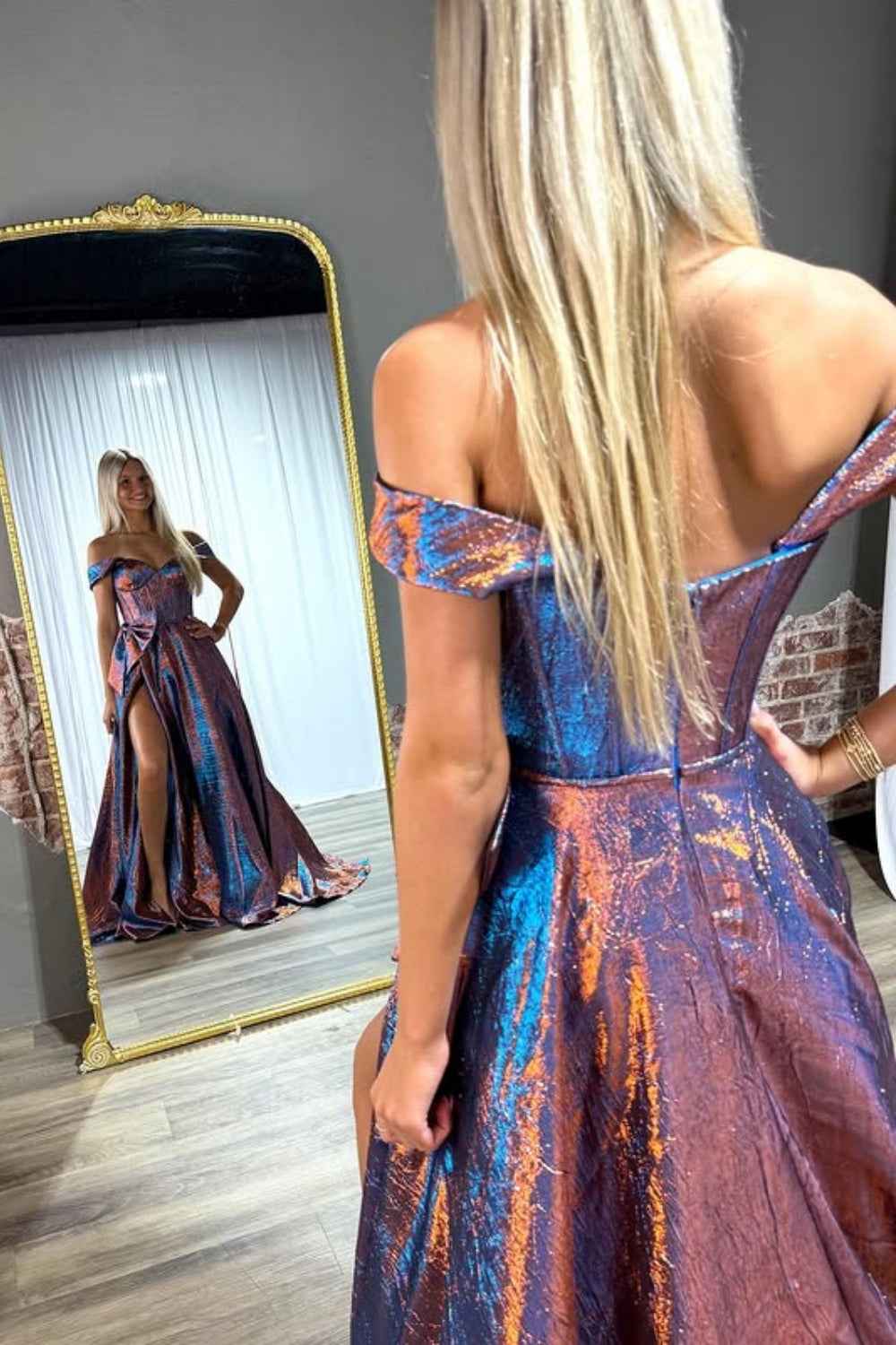 Sparkly Blue Metallic Off Shoulder Corset A-Line Prom Dress