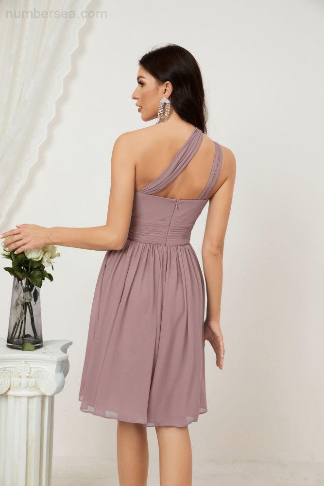 Numbersea Damen Chiffon Kurzes Ein-Schulter Brautjungfernkleid Festliche Kleider für Feier Heimkehr 2804
