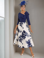V Neck A Line Tea Length Dress For Mother Of Bride With Rhinestone Floral Print