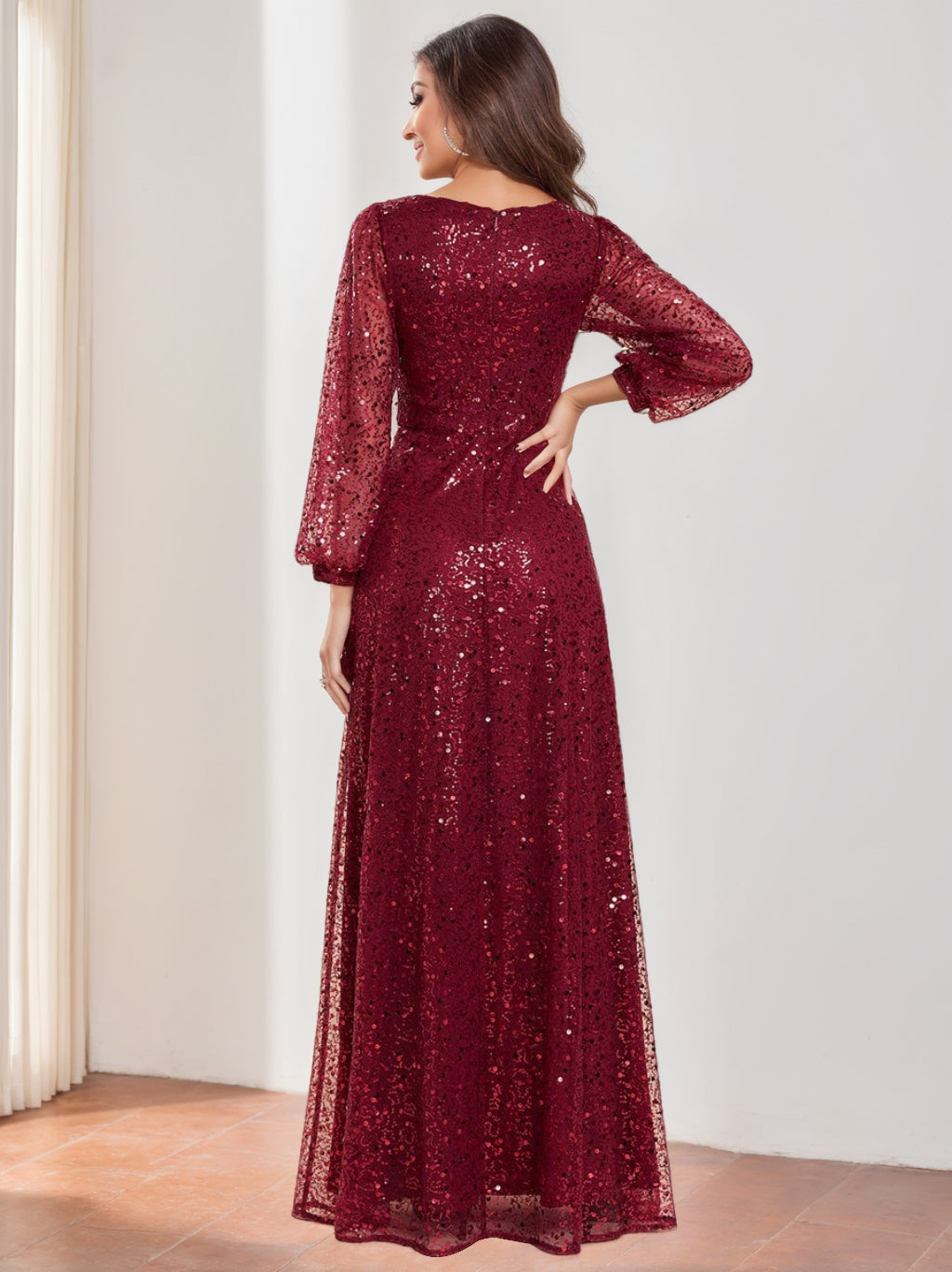 Floor Length Sequined Mother Of The Bride Dress With V Neck Lantern Sleeves