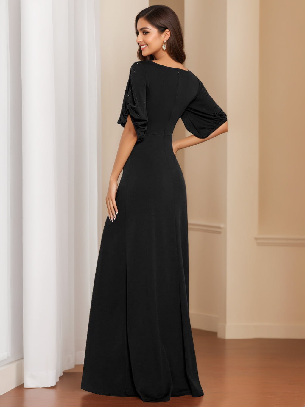 Elegant Black Floor Length Mother Of The Bride Dress Half Sleeves Round Neck