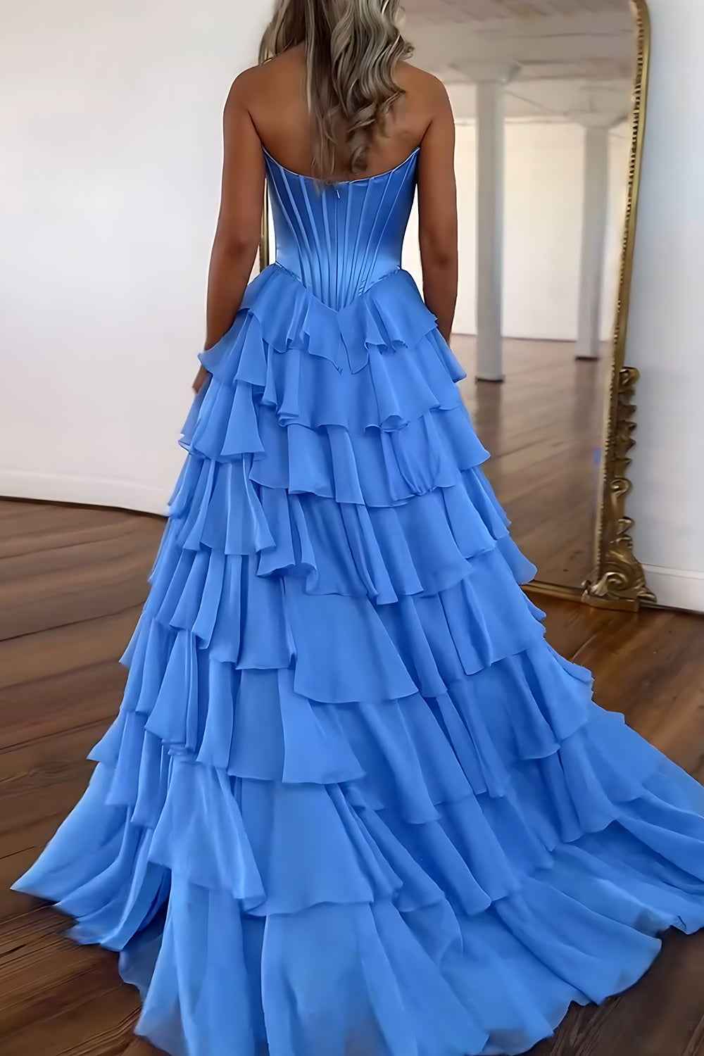 Blue Sweetheart Ruffled Long Corset Prom Dress With Slit