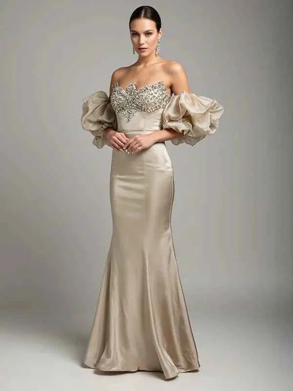 Champagne Off Shoulder Beaded Puff Sleeves Mermaid Floor Length Evening Gown
