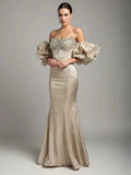 Champagne Off Shoulder Beaded Puff Sleeves Mermaid Floor Length Evening Gown