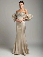 Champagne Off Shoulder Beaded Puff Sleeves Mermaid Floor Length Evening Gown
