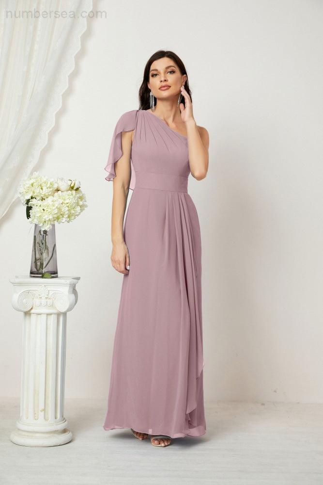 Abito da Sera Formale A-line con Spalla Singola e Balze in Chiffon, Spacco Laterale, per Damigelle, Modello 2809