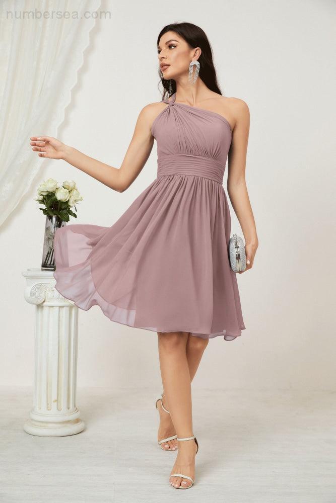 Vestido de Noiva de Ombro Único em Chiffon Curto para Damas de Honra, Vestidos Formais para Festas e Baile de Finalistas 2804