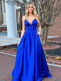 Royal Blue A Line Long Prom Dress With Spaghetti Straps And Empire Waist