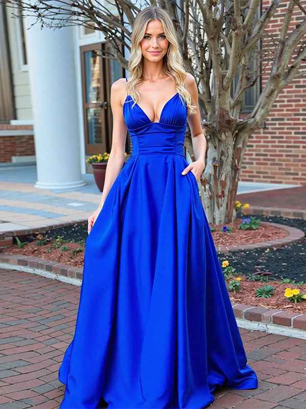 Royal Blue A Line Long Prom Dress With Spaghetti Straps And Empire Waist