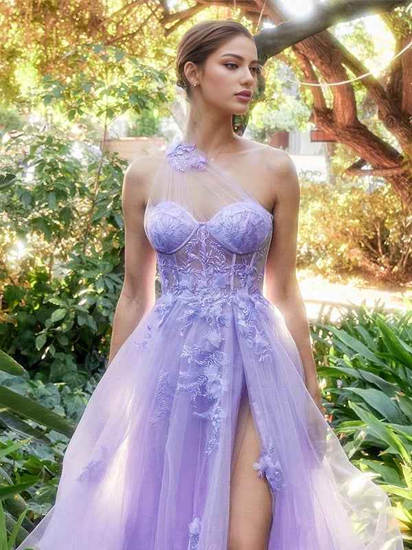 Lavender A Line One Shoulder Prom Dress With Floral Appliques And Slit