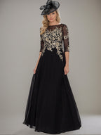 Floor Length A Line Princess Gown With Jewel Neckline And Lace Ruffle Details