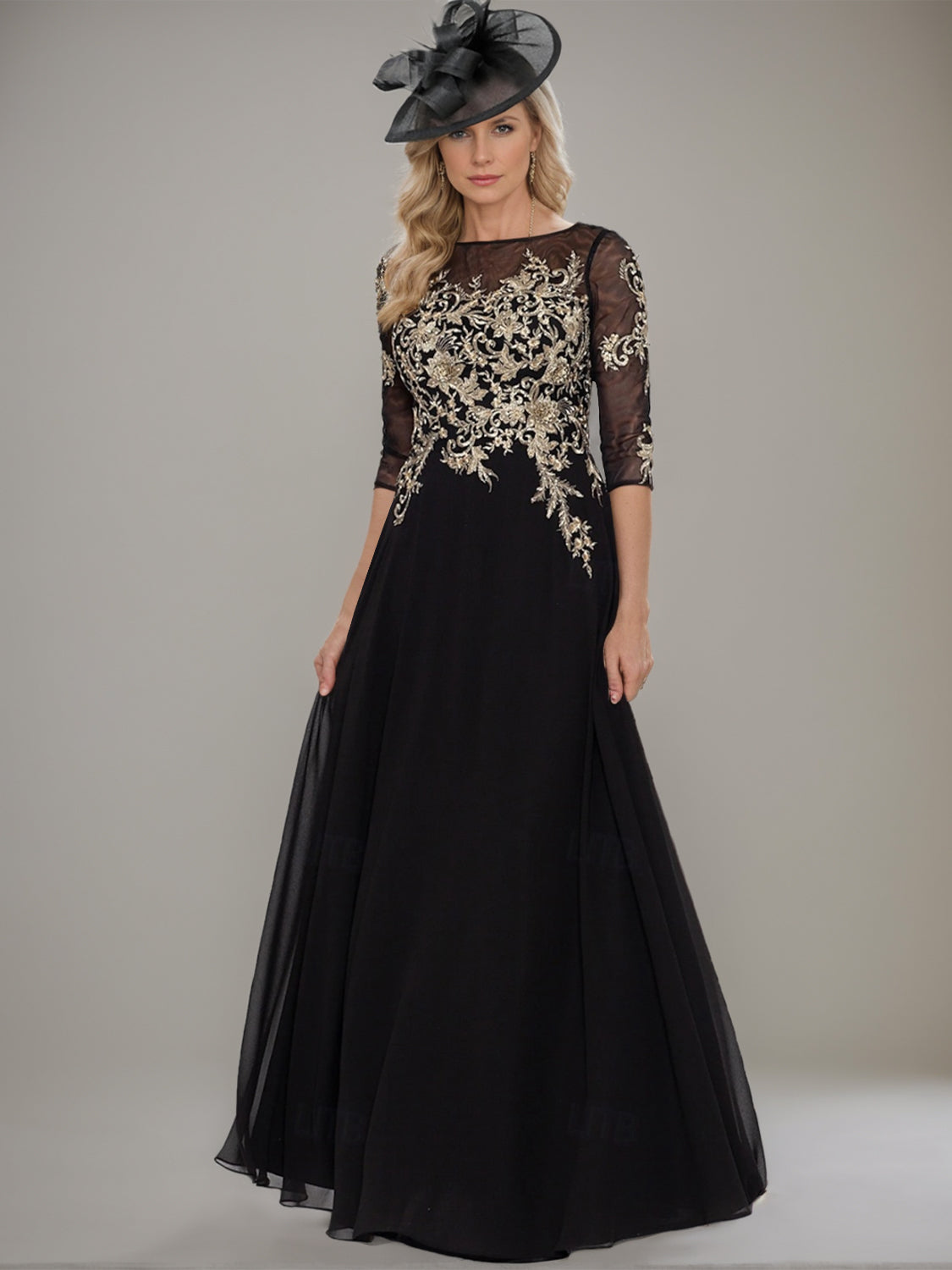 Floor Length A Line Princess Gown With Jewel Neckline And Lace Ruffle Details