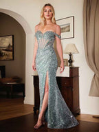 Sparkly Green Sequins Off Shoulder Sheath Prom Dress With Slit