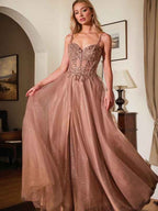 Rose Gold A Line Spaghetti Strap Long Prom Dress With Beadwork
