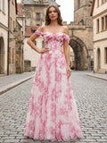 Pink Floral Off The Shoulder Corset A Line Long Prom Dress