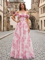 Pink Floral Off The Shoulder Corset A Line Long Prom Dress