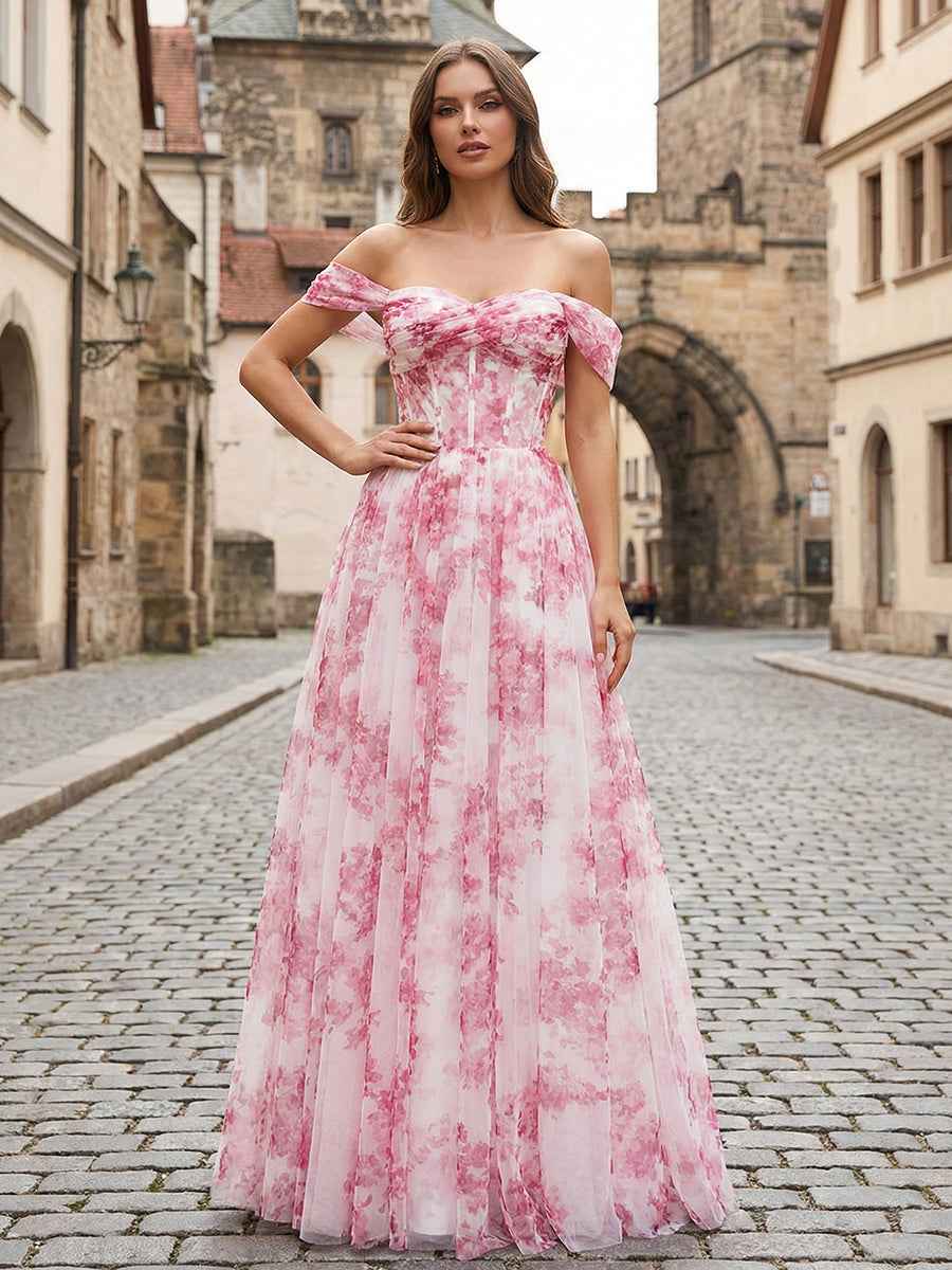 Pink Floral Off The Shoulder Corset A Line Long Prom Dress