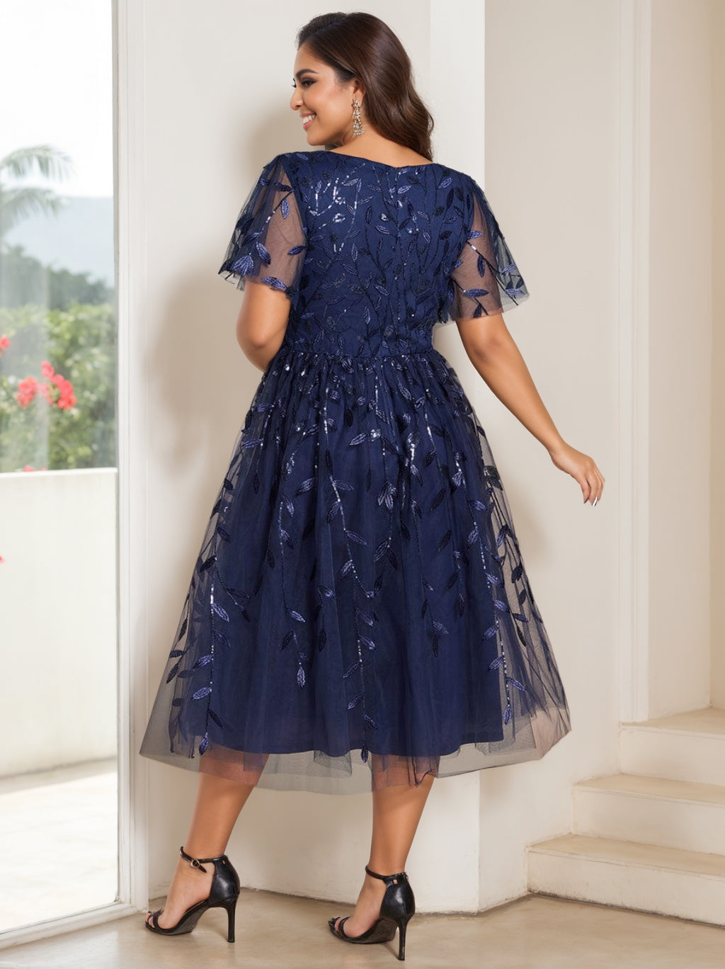 V Neck A Line Princess Tea Length Dress For Mothers Of The Bride And Groom