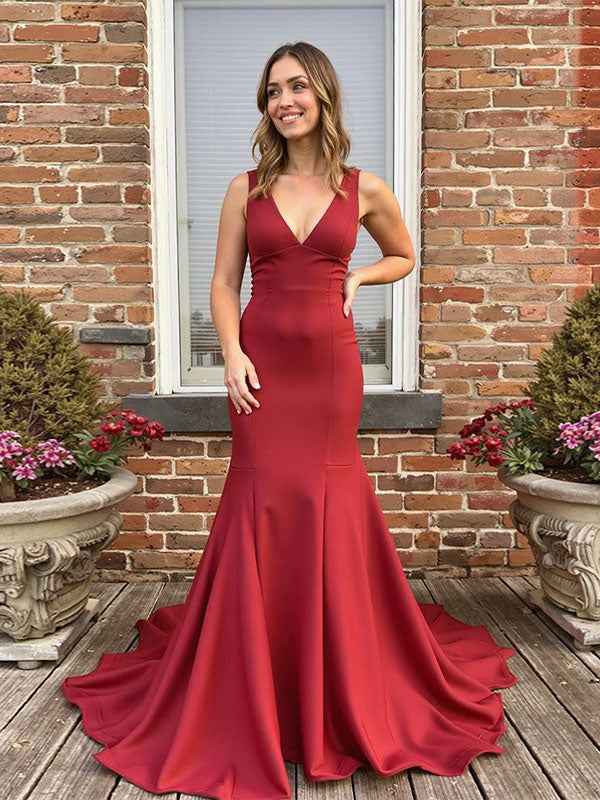 Red Satin Mermaid Long Prom Dress With Deep V Neck And Bow