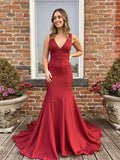Red Satin Mermaid Long Prom Dress With Deep V Neck And Bow