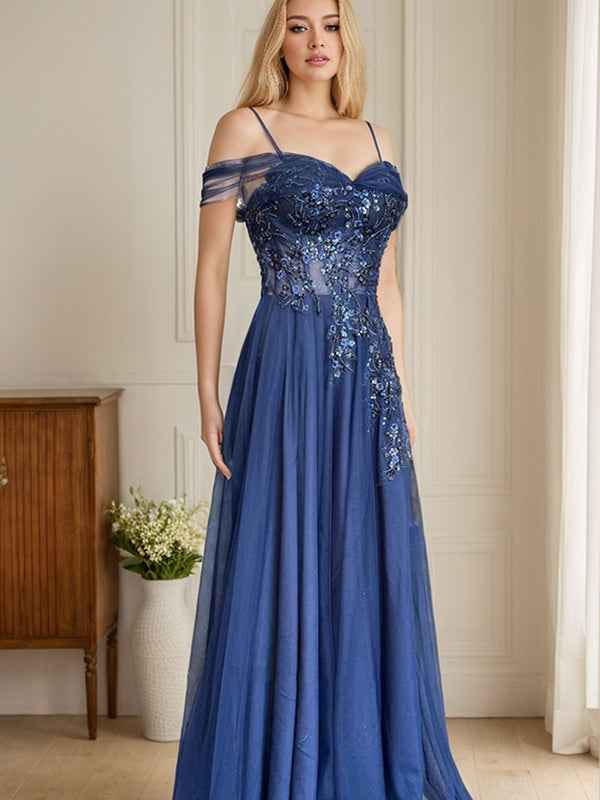 Navy Blue A Line Prom Dress With Embroidered Appliques And Spaghetti Straps